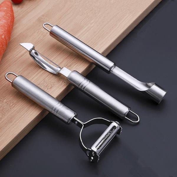 Stainless Steel Set Multifunctional Fruit & Vegetable Peelers with Apple Corer Straight Julienne Peeler Veggie Cutter Slicer for Kitchen (3pcs Set)